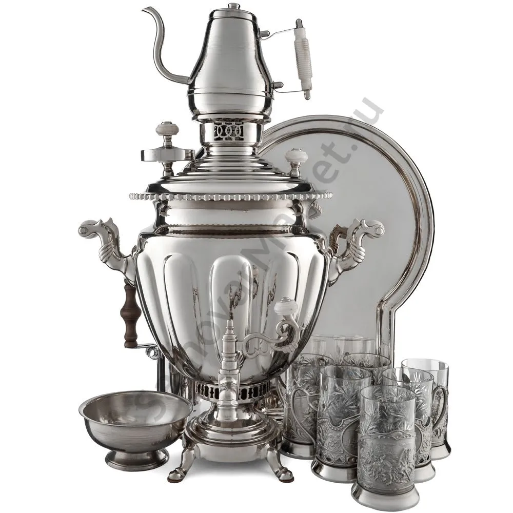Самовар антикварный на дровах 6,5 л. формы «Ваза дольная», фурнитура кость, в наборе из 17 предметов