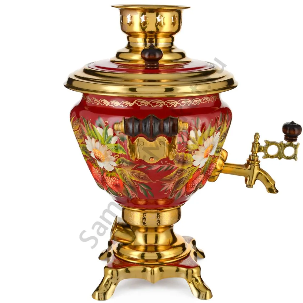 Самовар электрический 2 литра с худ. росписью «Ромашки с клубникой в золоте» формы «Чаша»  Самовар электрический 2 литра с худ. росписью «Ромашки с клубникой в золоте» формы «Чаша»