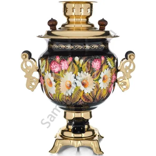 Самовар электрический 3 л с авто.откл., худ.росписью «Ромашки с клевером на чёрном» формы «Овал» 