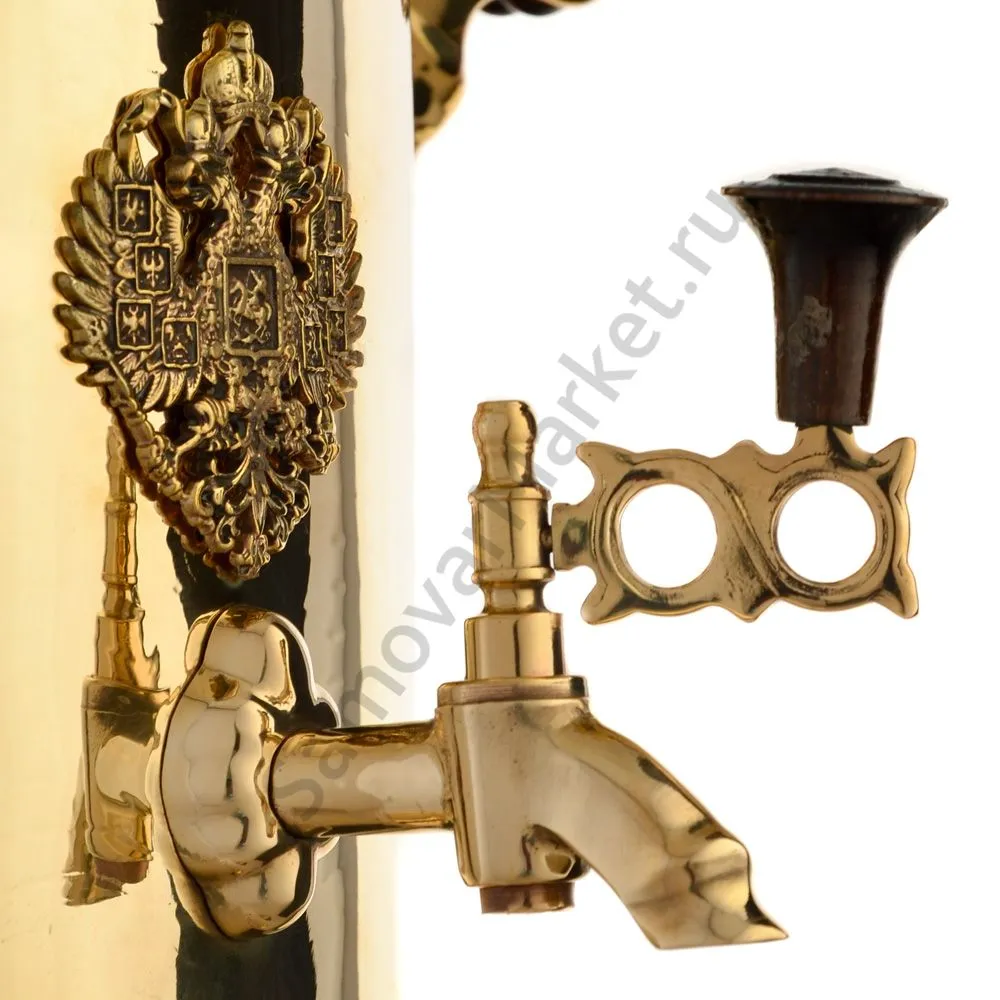 Самовар на дровах 5 литров формы «Банка с гербом РФ», золотой, категория «Люкс» Самовар на дровах 5 литров формы «Банка с гербом РФ», золотой, категория «Люкс»