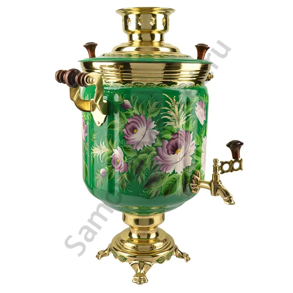 Самовар электрический 10 литров с художественной росписью «Пионы на зелёном в золоте» формы «Банка» Самовар электрический 10 литров с художественной росписью «Пионы на зелёном в золоте» формы «Банка»