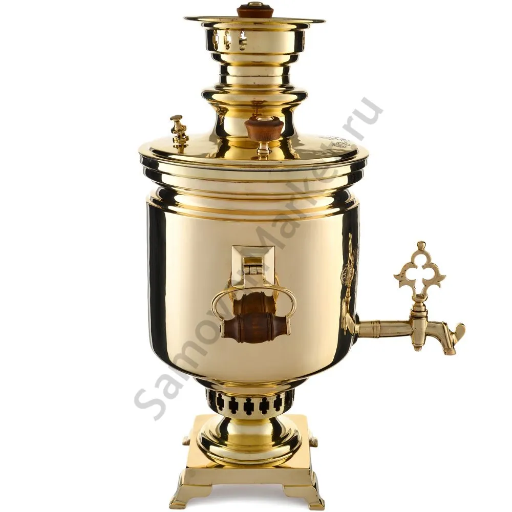 Самовар антикварный на дровах 6,5 литров формы «Банка» Н.И. Баташевах с медалями, золотистый Самовар антикварный на дровах 6,5 литров формы «Банка» Н.И. Баташевах с медалями, золотистый