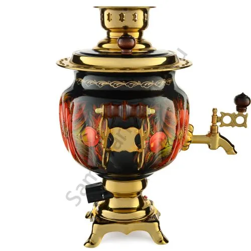 Самовар электрический 3 литра с автоотключением, худ. росписью «Маки на чёрном» формы «Овал»