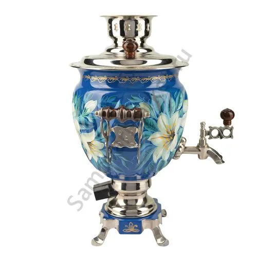 Самовар электрический 3 литра с художественной росписью «Лилии на синем» формы «Жёлудь»