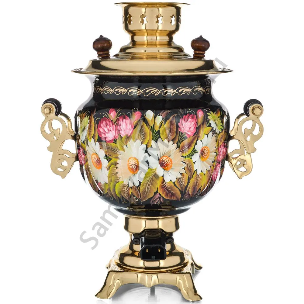 Самовар электрический 3 л с авто.откл., худ.росписью «Ромашки с клевером на чёрном» формы «Овал» Самовар электрический 3 л с авто.откл., худ.росписью «Ромашки с клевером на чёрном» формы «Овал»