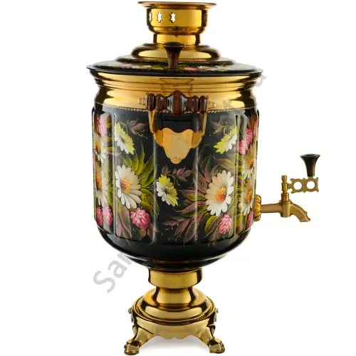 Самовар электрический 10 л. с художественной росписью «Ромашки с клевером на чёрном» формы «Банка»