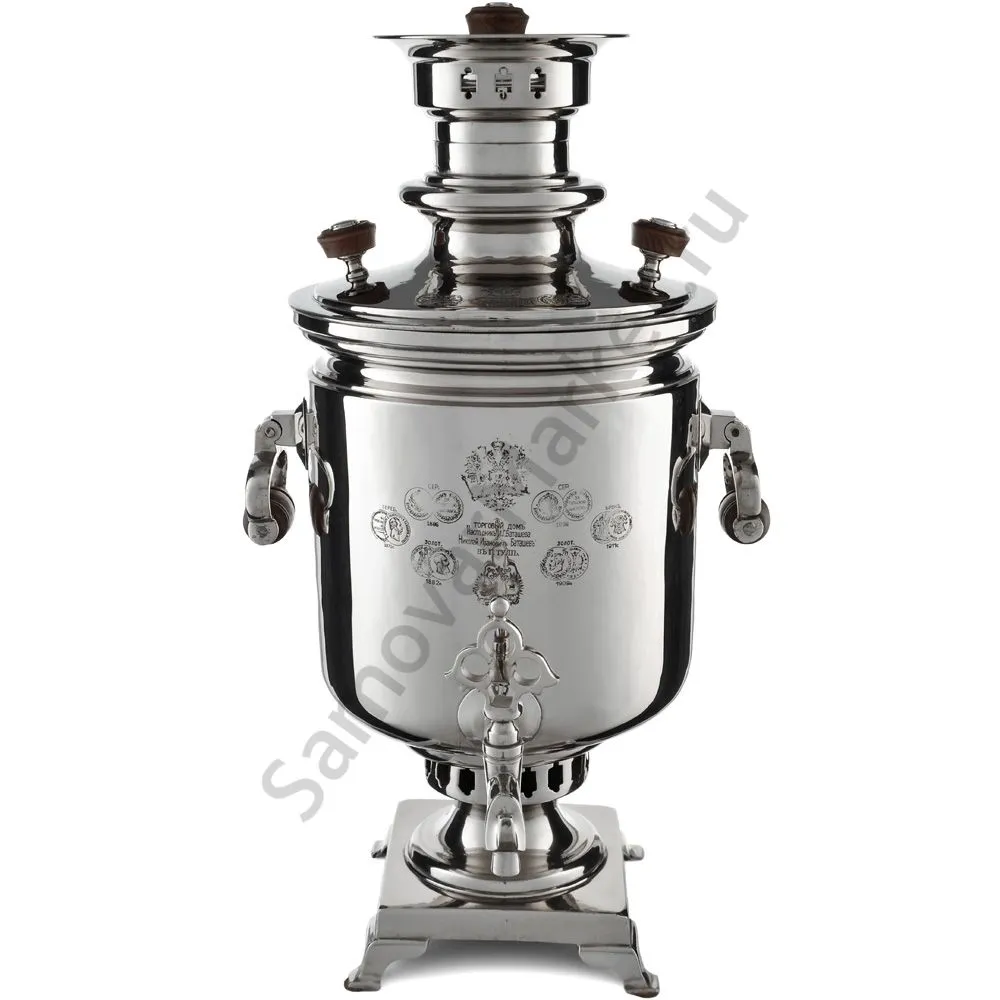 Самовар антикварный на дровах 6,5 литров формы «Банка» Н.И. Баташева с медалями, серебристый Самовар антикварный на дровах 6,5 литров формы «Банка» Н.И. Баташева с медалями, серебристый