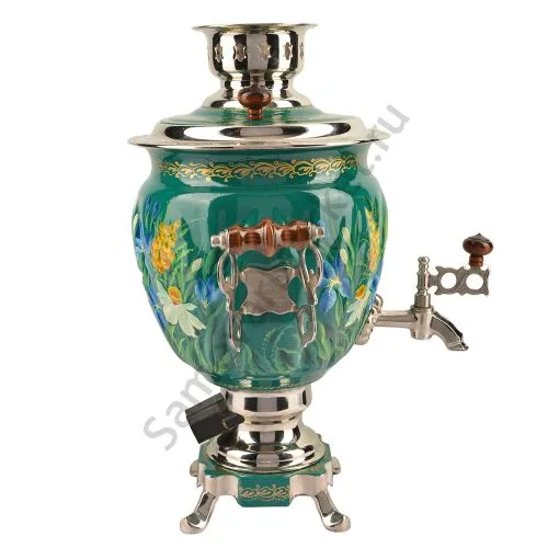 Самовар электрический 3 литра с художественной росписью «Нарциссы на зелёном» формы «Жёлудь»