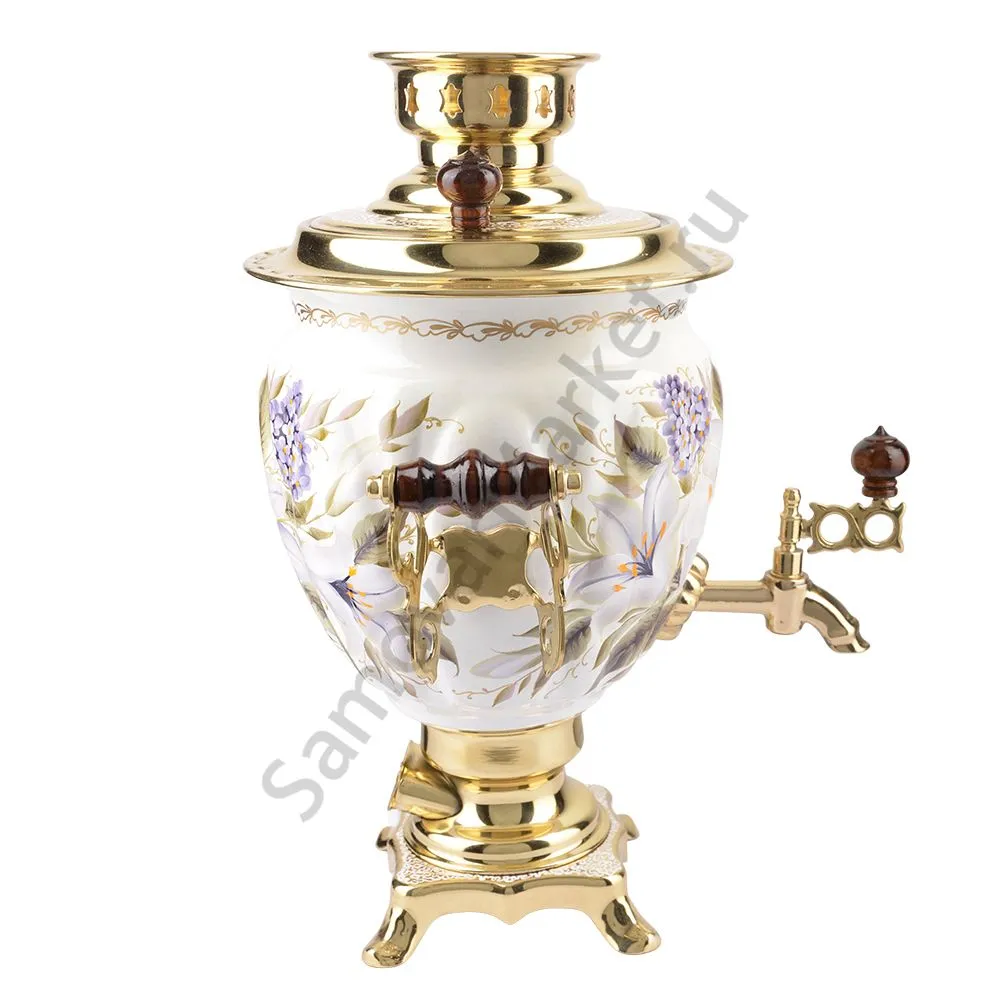 Самовар электрический 3 литра с художественной росписью «Лилии на белом в золоте» формы «Жёлудь» Самовар электрический 3 литра с художественной росписью «Лилии на белом в золоте» формы «Жёлудь»