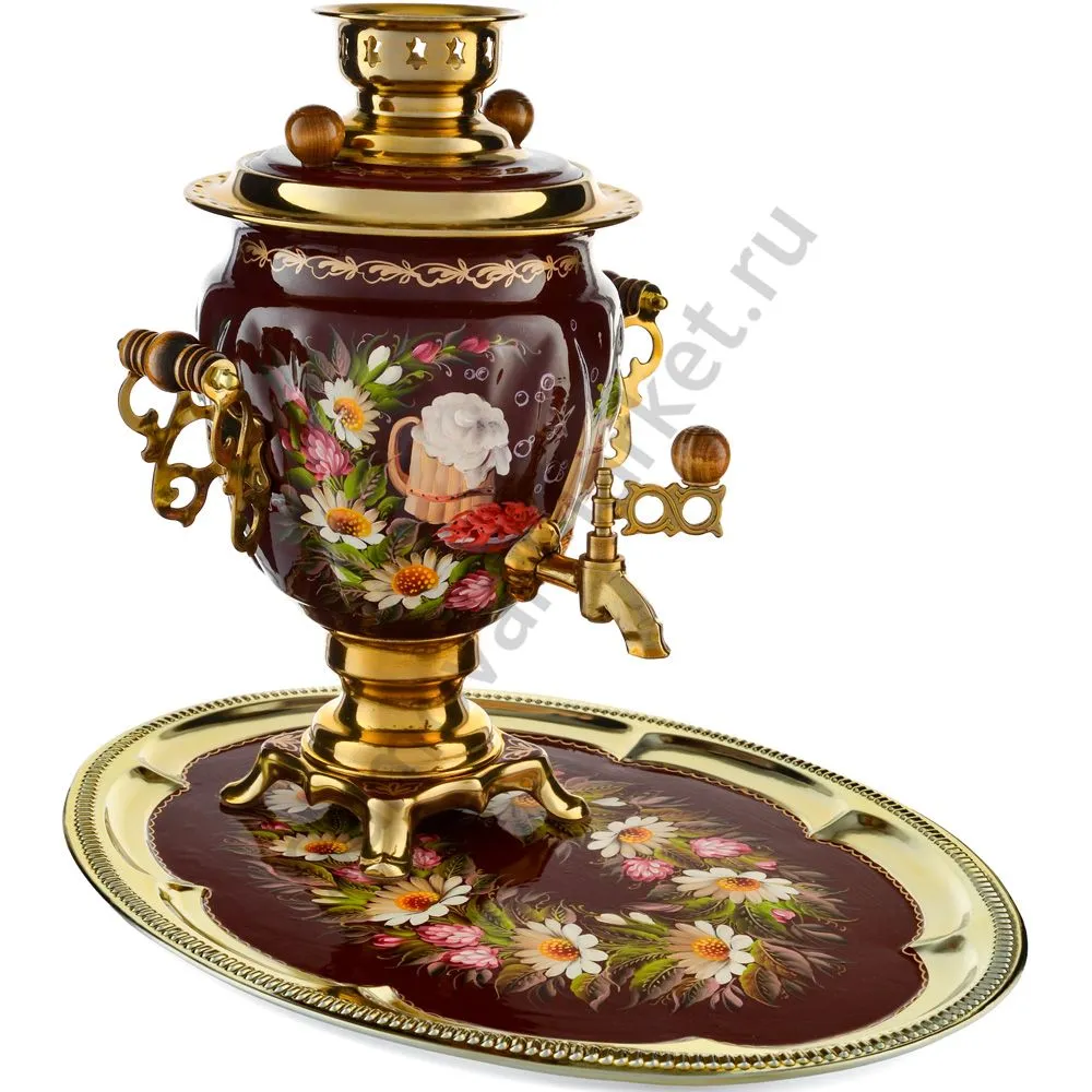 Самовар электрический 3 литра формы «Жёлудь» с худ.росписью «Баня» в наборе с подносом Самовар электрический 3 литра формы «Жёлудь» с худ.росписью «Баня» в наборе с подносом