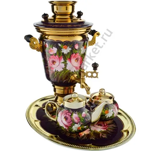 Самовар электрический 4 л.в наборе из 4 предметов с худ.росписью «Букет на фиолетовом в золоте» 