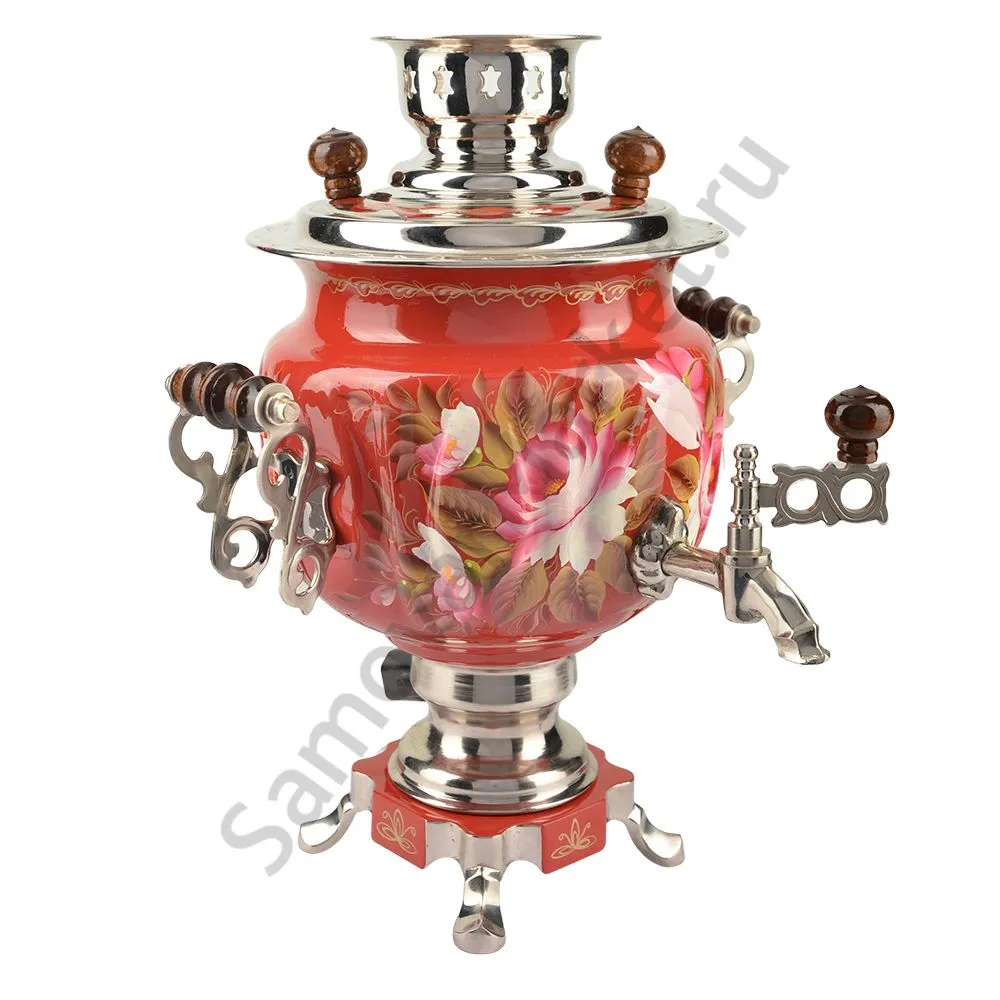 Самовар электрический 3 литра с художественной росписью «Пионы на красном в серебре» формы «Овал» Самовар электрический 3 литра с художественной росписью «Пионы на красном в серебре» формы «Овал»