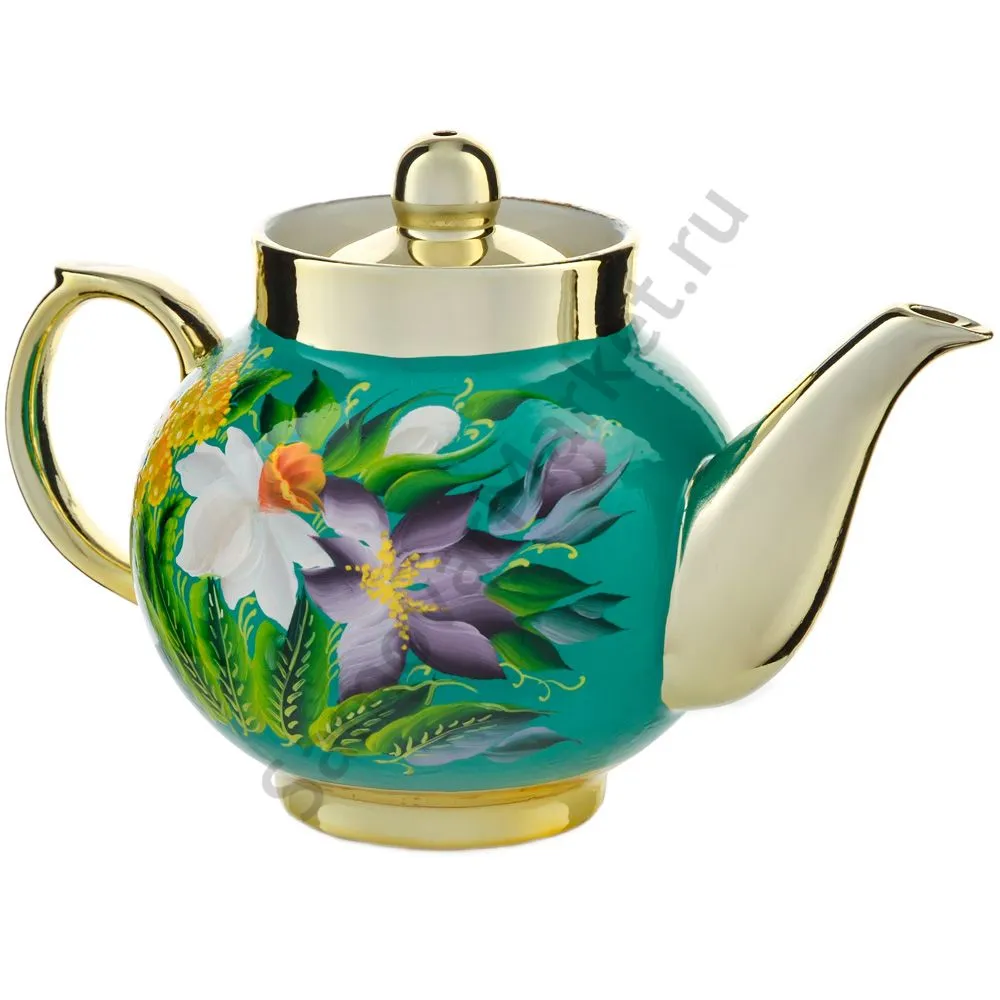 Чайник заварочный для самовара с художественной росписью «Нарциссы на зелёном в золоте» Чайник заварочный для самовара с художественной росписью «Нарциссы на зелёном в золоте»