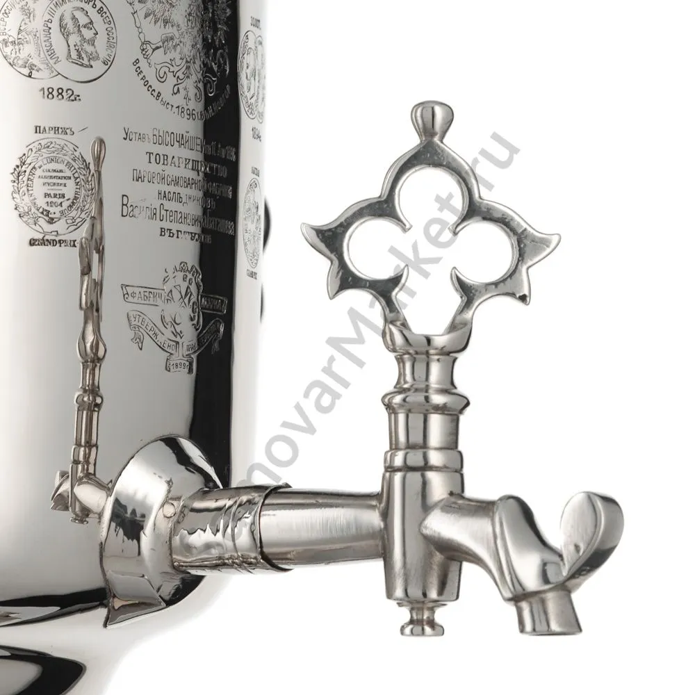 Самовар антикварный на дровах 5 литров формы «Банка» Баташева с медалями, серебристый Самовар антикварный на дровах 5 литров формы «Банка» Баташева с медалями, серебристый