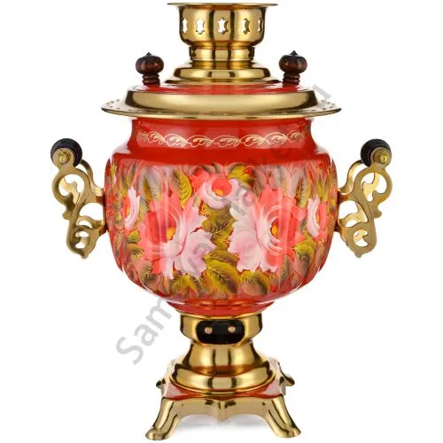 Самовар электрический 3 л с автоотключением, худ.росписью «Пионы на красном в золоте» формы «Овал»