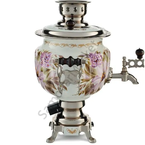 Самовар электрический 3 литра с художественной росписью «Лилии на белом в серебре» формы «Овал»