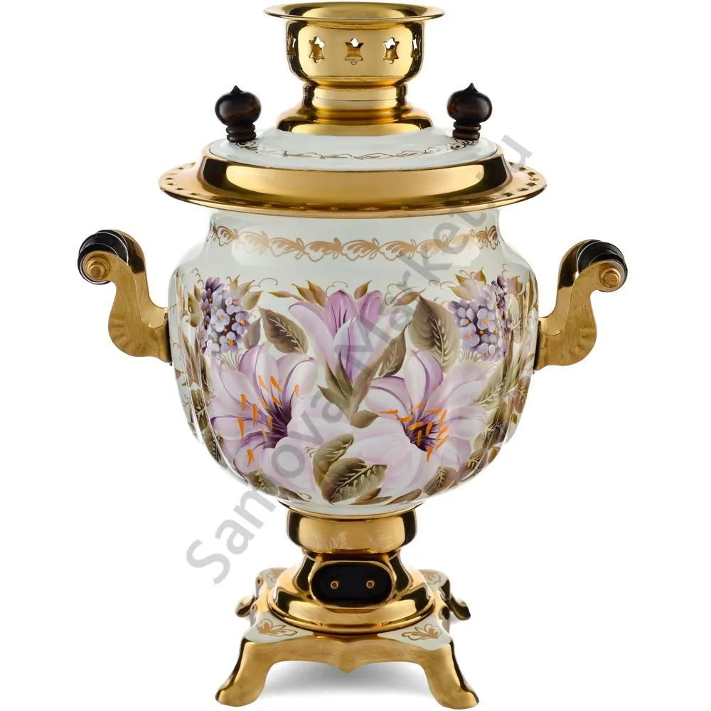 Самовар электрический 3 литра с художественной росписью «Лилии на белом в золоте» формы «Овал»  Самовар электрический 3 литра с художественной росписью «Лилии на белом в золоте» формы «Овал»