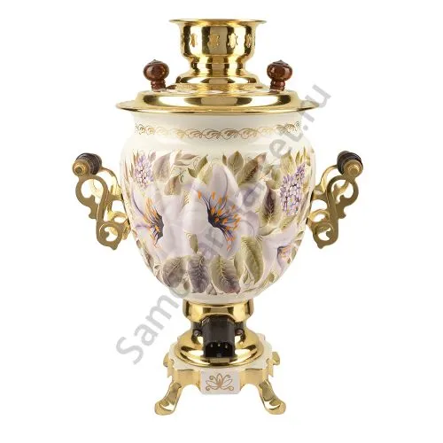 Самовар электрический 3 литра с художественной росписью «Лилии на белом в золоте» формы «Жёлудь»