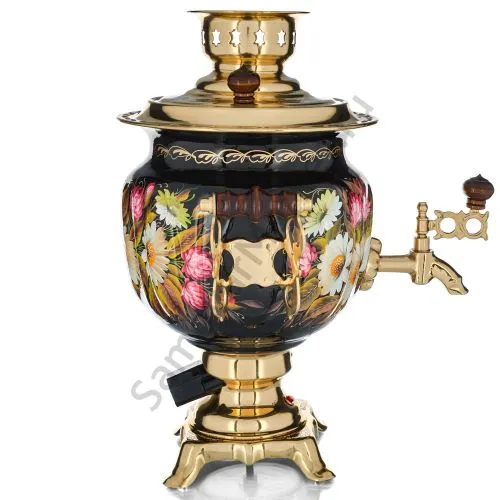 Самовар электрический 3 л с авто.откл., худ.росписью «Ромашки с клевером на чёрном» формы «Овал» 