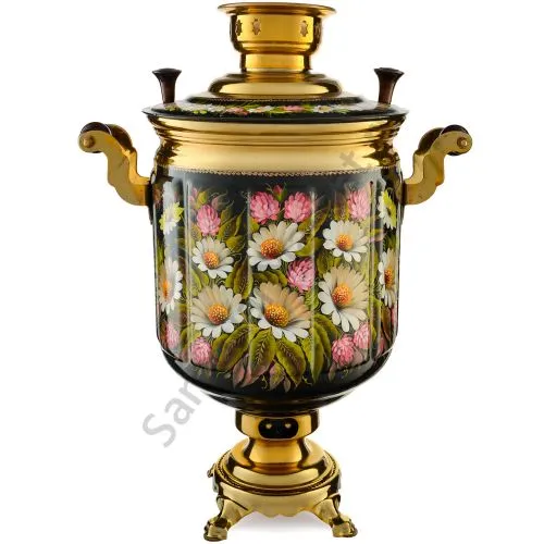 Самовар электрический 10 л. с художественной росписью «Ромашки с клевером на чёрном» формы «Банка»