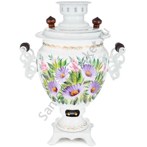 Самовар электрический 3 л с автоотключением,худ.росписью «Герберы на белом» формы «Жёлудь» 