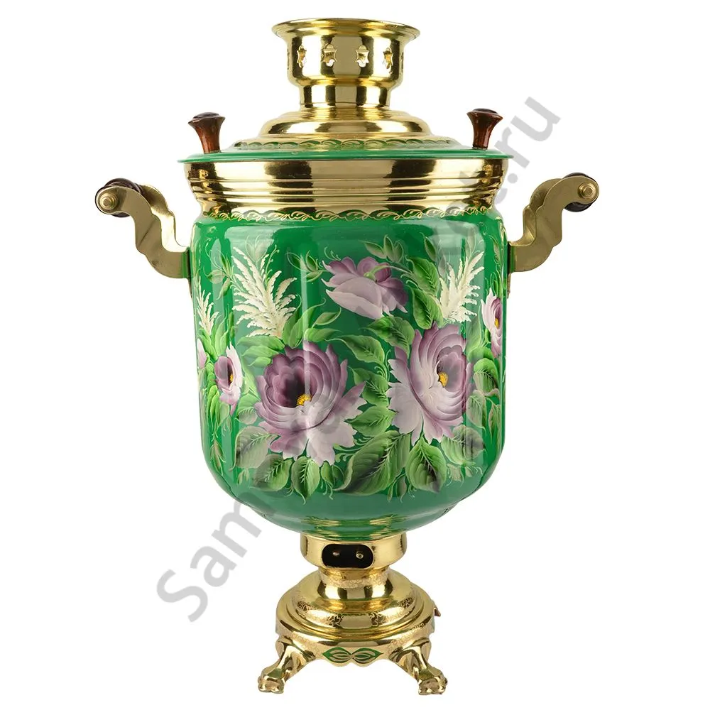 Самовар электрический 10 литров с художественной росписью «Пионы на зелёном в золоте» формы «Банка» Самовар электрический 10 литров с художественной росписью «Пионы на зелёном в золоте» формы «Банка»