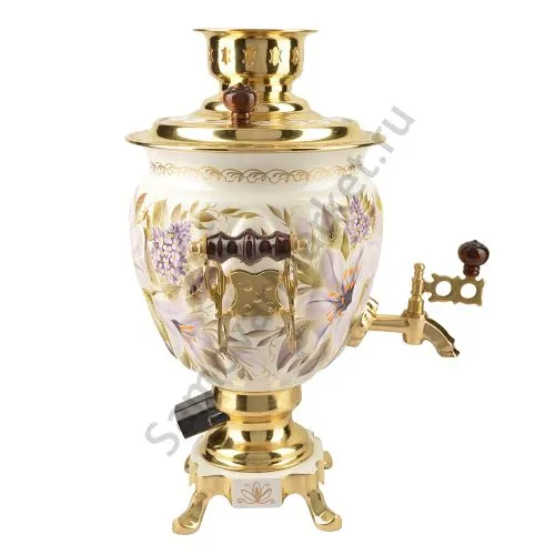 Самовар электрический 3 литра с художественной росписью «Лилии на белом в золоте» формы «Жёлудь»