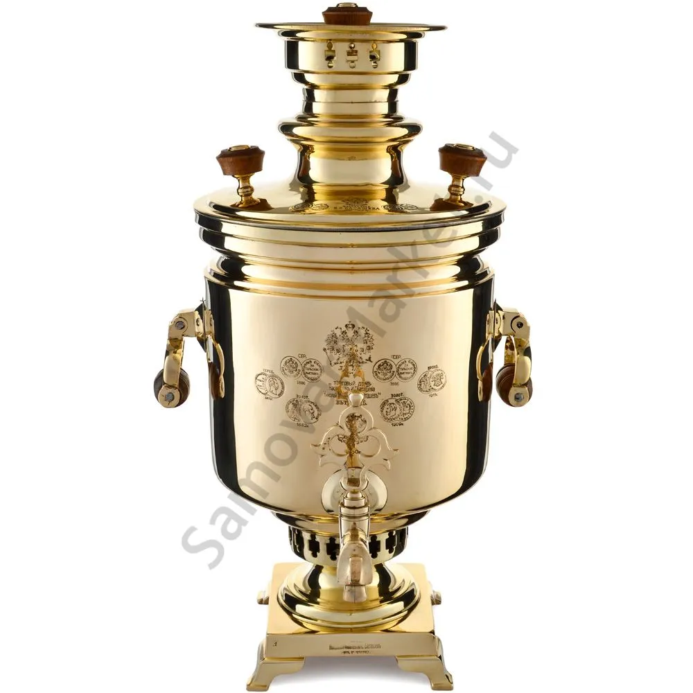 Самовар антикварный на дровах 6,5 литров формы «Банка» Н.И. Баташевах с медалями, золотистый Самовар антикварный на дровах 6,5 литров формы «Банка» Н.И. Баташевах с медалями, золотистый