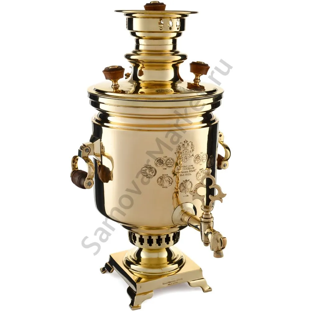 Самовар антикварный на дровах 6,5 литров формы «Банка» Н.И. Баташевах с медалями, золотистый Самовар антикварный на дровах 6,5 литров формы «Банка» Н.И. Баташевах с медалями, золотистый