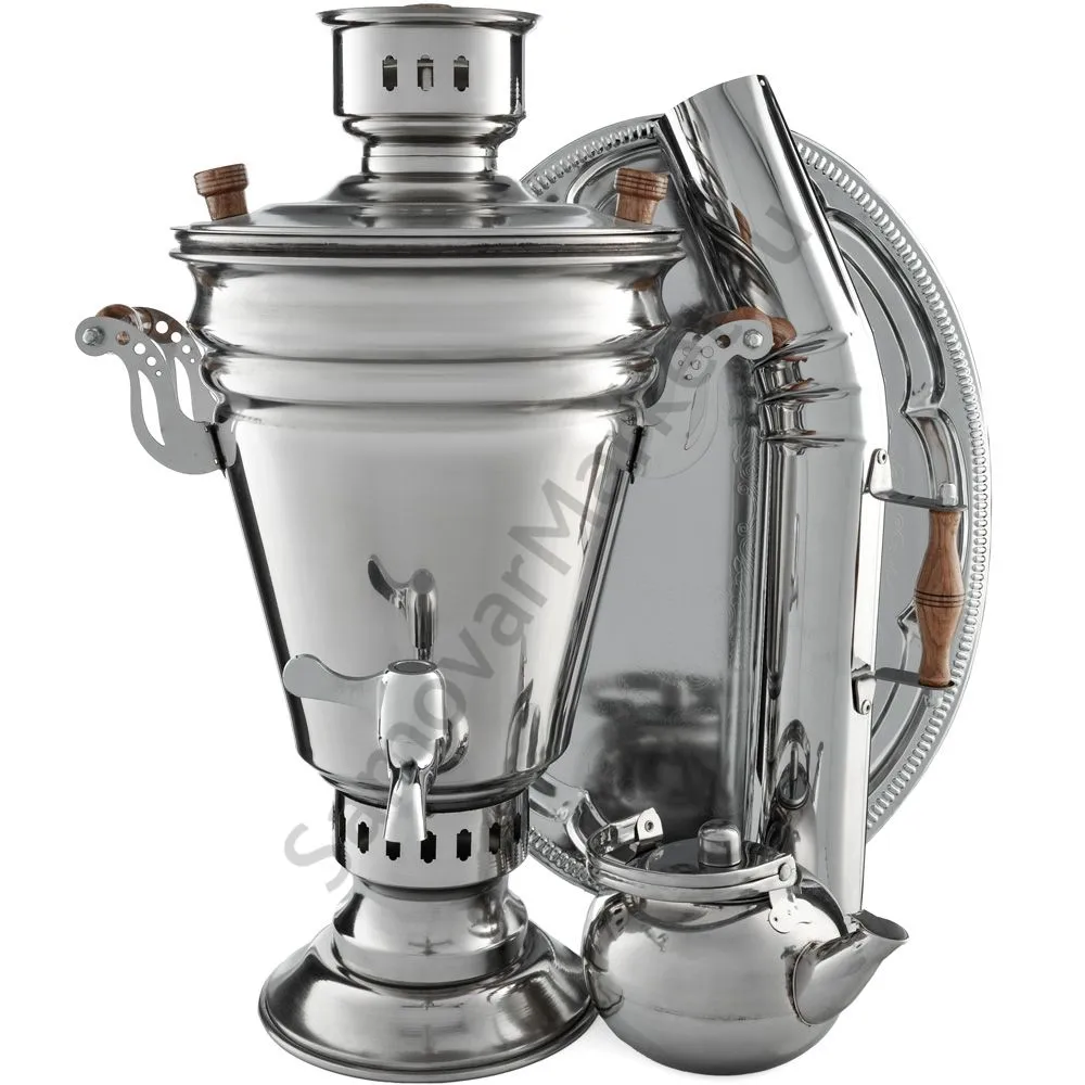 Самовар на дровах из нержавейки 5 литров формы «Конус» в наборе из 4 предметов (труба в подарок) Самовар на дровах из нержавейки 5 литров формы «Конус» в наборе из 4 предметов (труба в подарок)