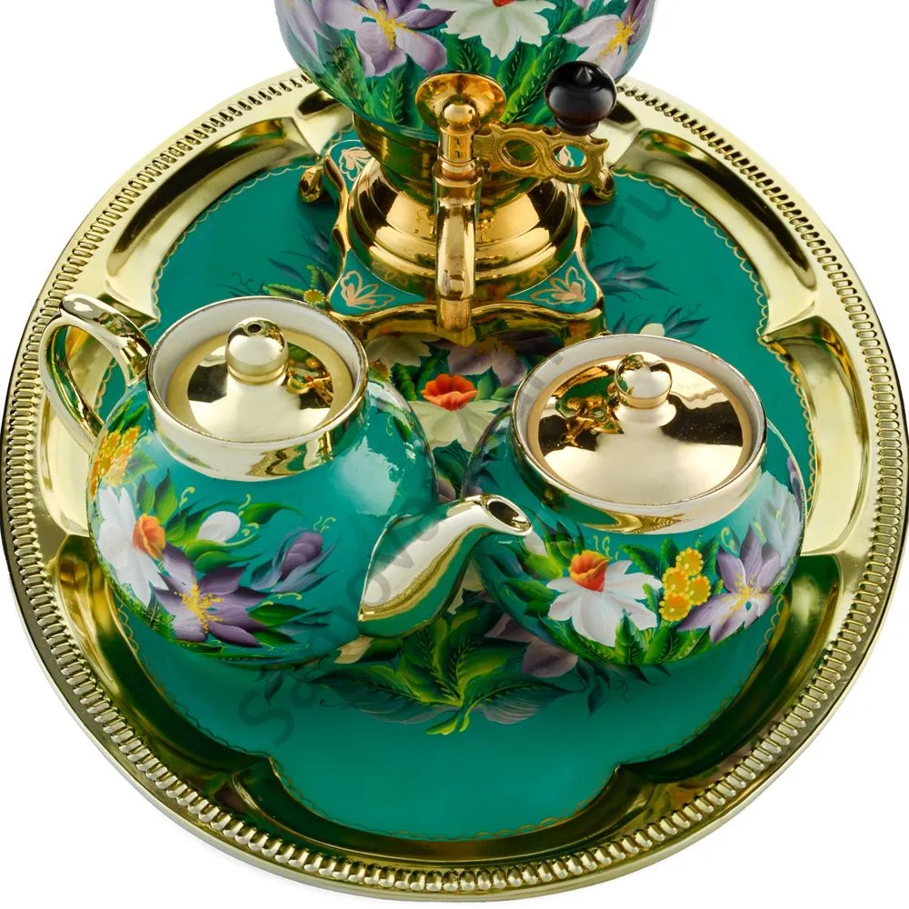 Самовар электрический 4 л.в наборе из 4 предметов с худ.росписью «Нарциссы на зелёном в золоте» Самовар электрический 4 л.в наборе из 4 предметов с худ.росписью «Нарциссы на зелёном в золоте»