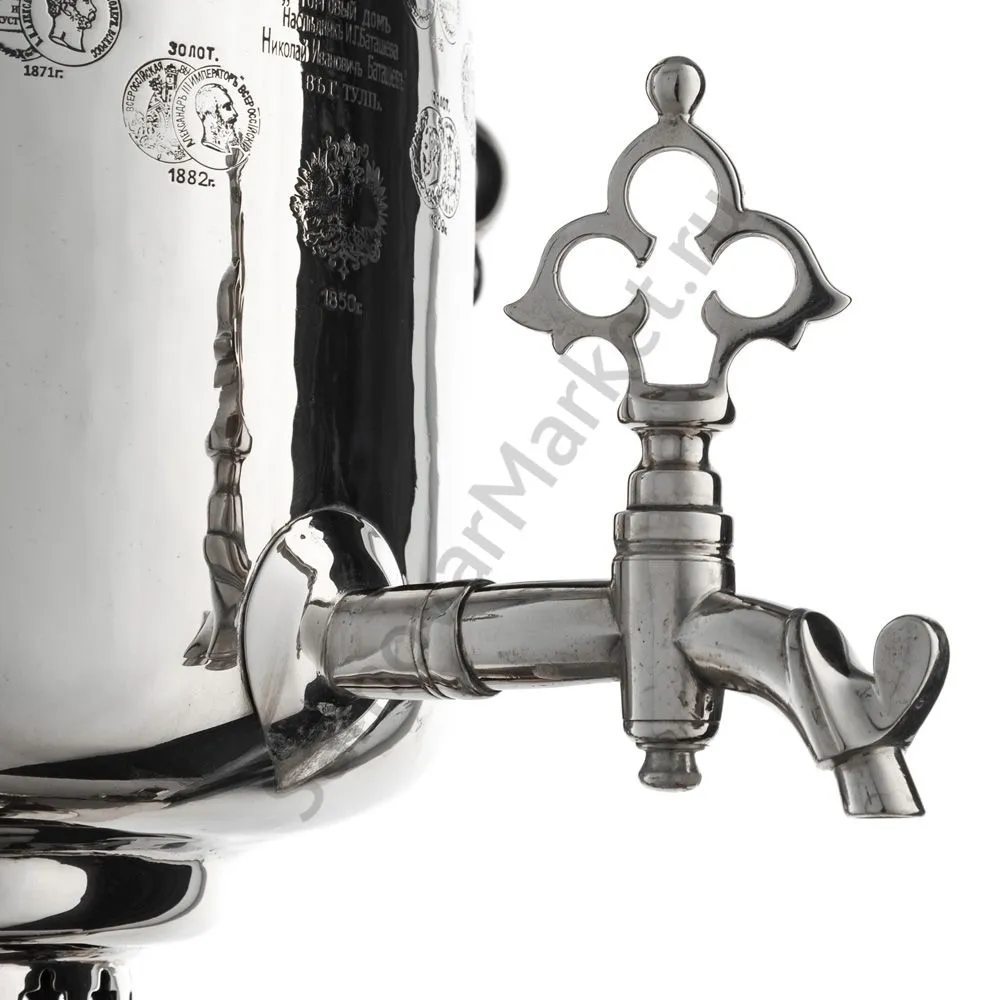 Самовар антикварный на дровах 6,5 литров формы «Банка» Н.И. Баташева с медалями, серебристый Самовар антикварный на дровах 6,5 литров формы «Банка» Н.И. Баташева с медалями, серебристый