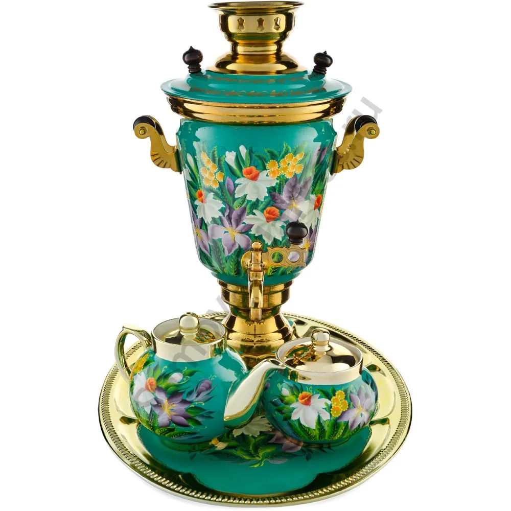 Самовар электрический 4 л.в наборе из 4 предметов с худ.росписью «Нарциссы на зелёном в золоте» Самовар электрический 4 л.в наборе из 4 предметов с худ.росписью «Нарциссы на зелёном в золоте»