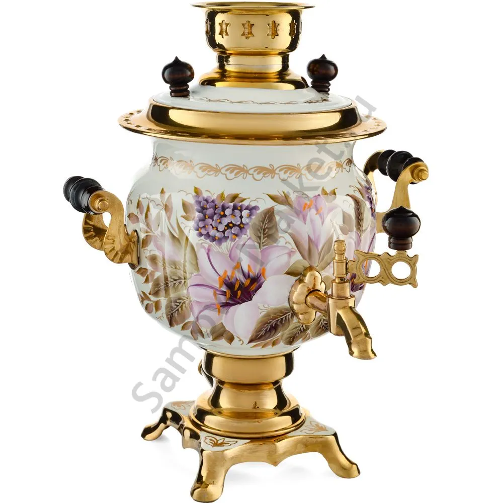 Самовар электрический 3 литра с художественной росписью «Лилии на белом в золоте» формы «Овал»  Самовар электрический 3 литра с художественной росписью «Лилии на белом в золоте» формы «Овал»