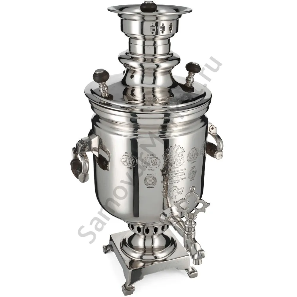 Самовар антикварный на дровах 5 литров формы «Банка» Баташева с медалями, серебристый Самовар антикварный на дровах 5 литров формы «Банка» Баташева с медалями, серебристый