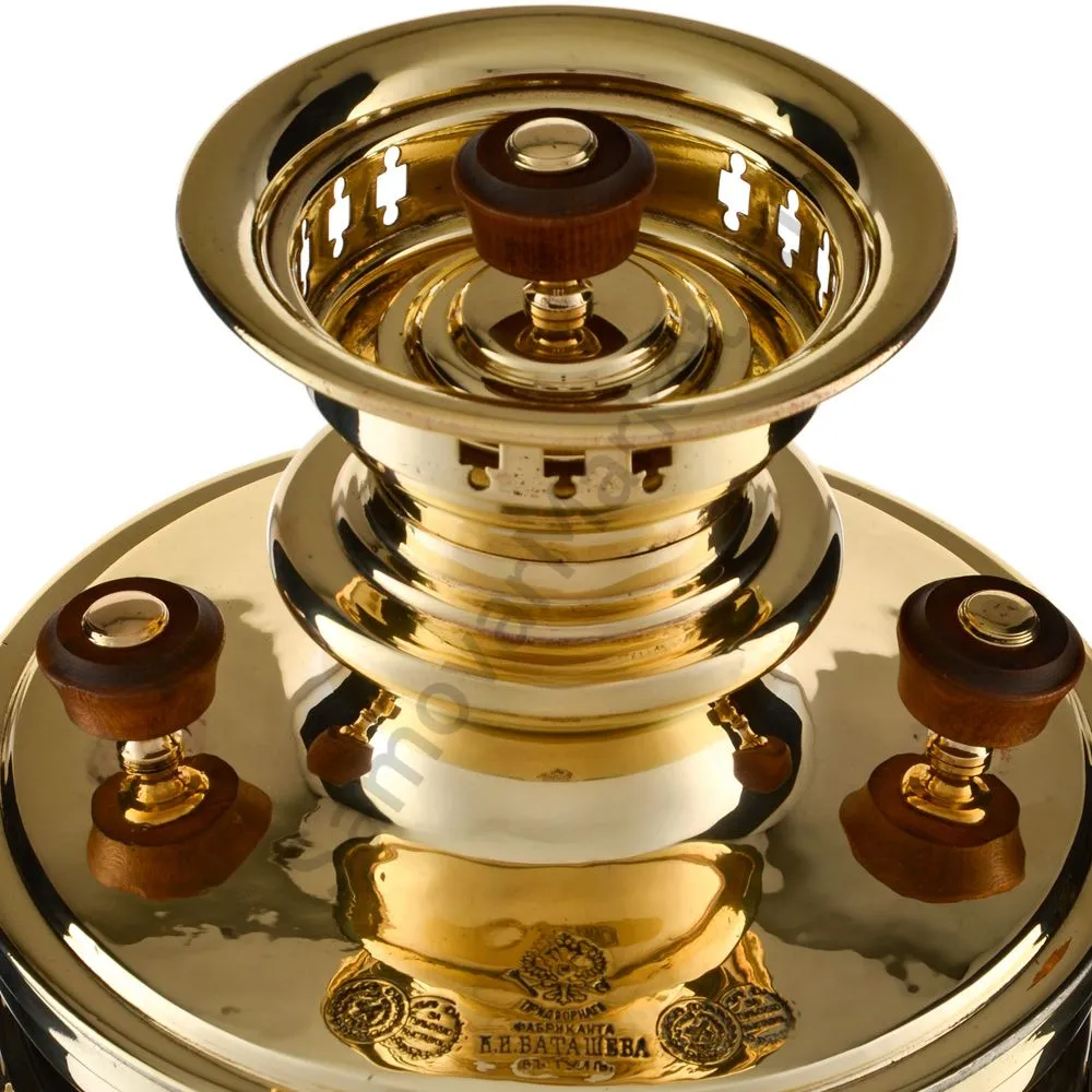 Самовар антикварный на дровах 6,5 литров формы «Банка» Н.И. Баташевах с медалями, золотистый Самовар антикварный на дровах 6,5 литров формы «Банка» Н.И. Баташевах с медалями, золотистый