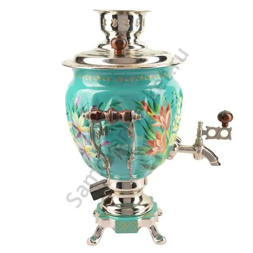 Самовар электрический 3 литра с художественной росписью «Весенние цветы в серебре» формы «Жёлудь»