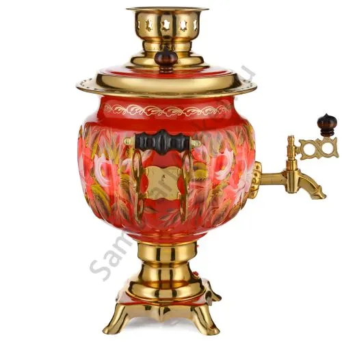 Самовар электрический 3 л с автоотключением, худ.росписью «Пионы на красном в золоте» формы «Овал»