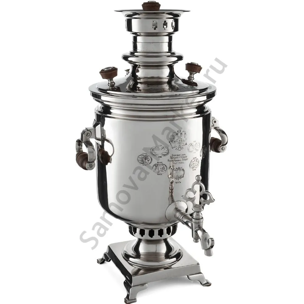 Самовар антикварный на дровах 6,5 литров формы «Банка» Н.И. Баташева с медалями, серебристый Самовар антикварный на дровах 6,5 литров формы «Банка» Н.И. Баташева с медалями, серебристый
