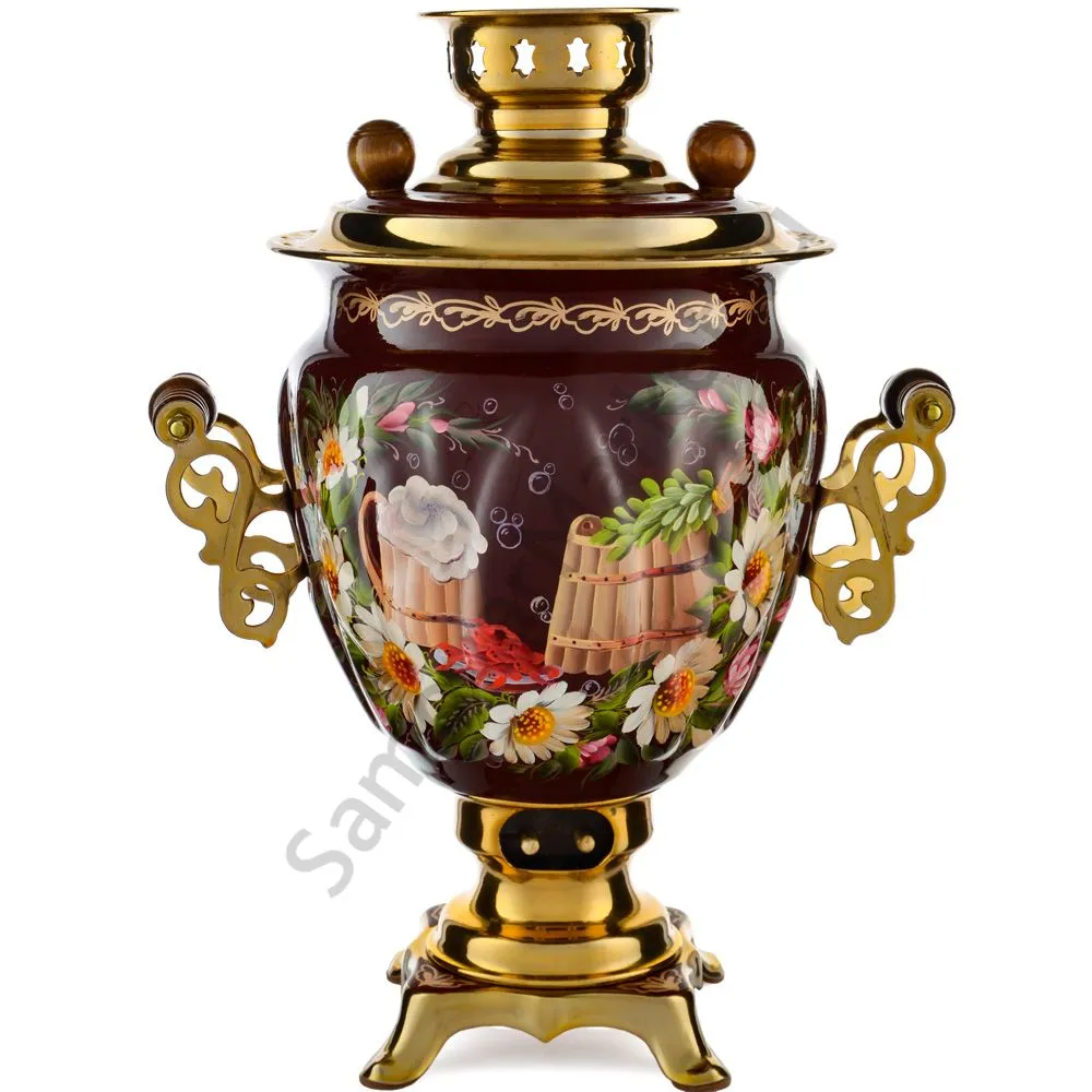 Самовар электрический 3 литра формы «Жёлудь» с худ.росписью «Баня» в наборе с подносом Самовар электрический 3 литра формы «Жёлудь» с худ.росписью «Баня» в наборе с подносом