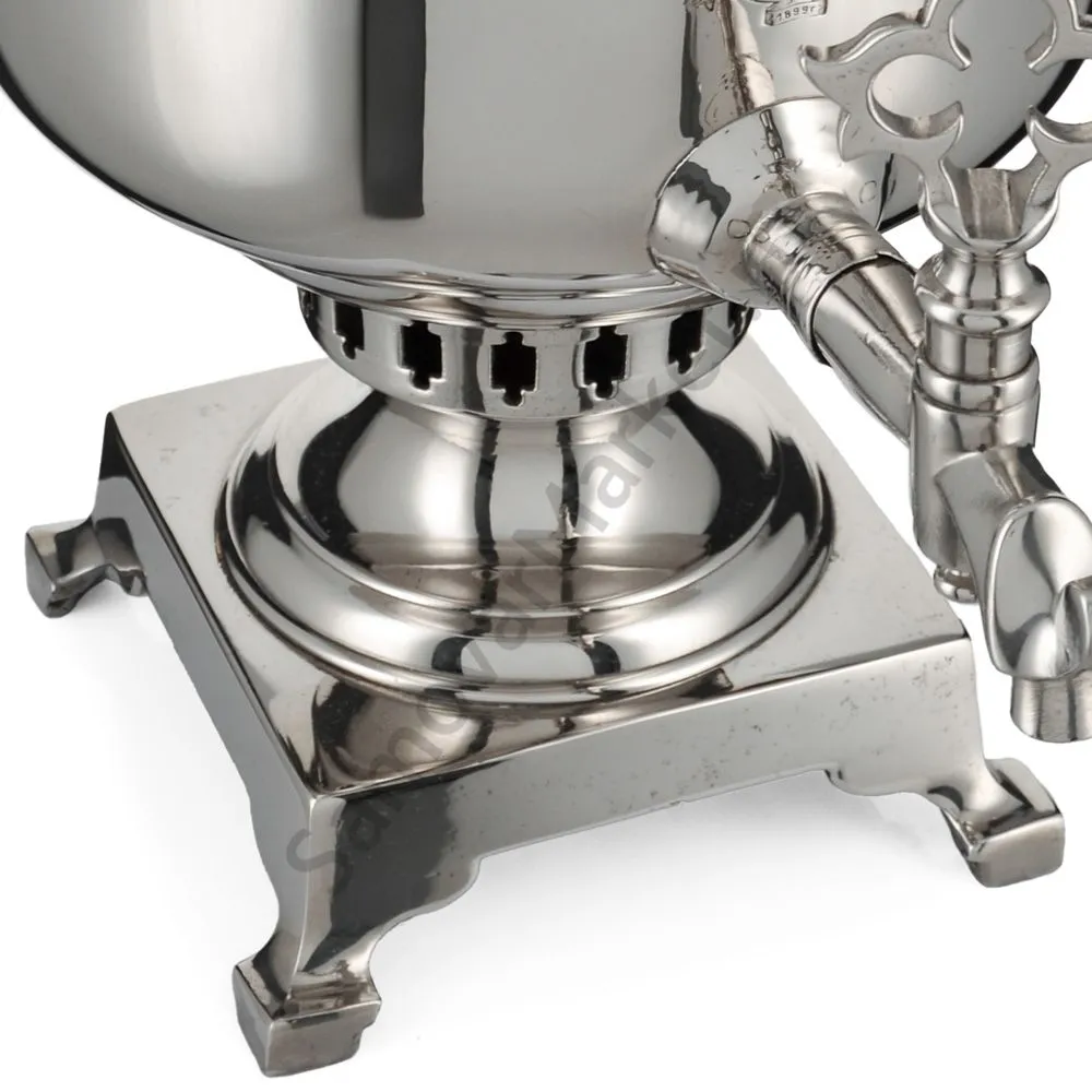 Самовар антикварный на дровах 5 литров формы «Банка» Баташева с медалями, серебристый Самовар антикварный на дровах 5 литров формы «Банка» Баташева с медалями, серебристый