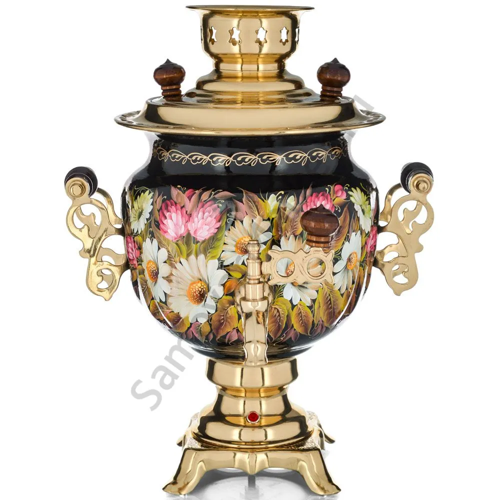 Самовар электрический 3 л с авто.откл., худ.росписью «Ромашки с клевером на чёрном» формы «Овал» Самовар электрический 3 л с авто.откл., худ.росписью «Ромашки с клевером на чёрном» формы «Овал»