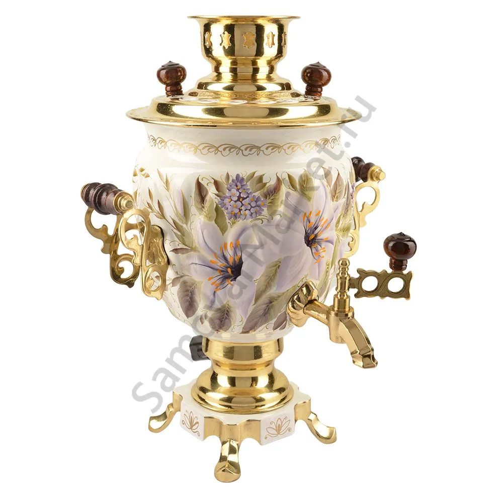 Самовар электрический 3 литра с художественной росписью «Лилии на белом в золоте» формы «Жёлудь» Самовар электрический 3 литра с художественной росписью «Лилии на белом в золоте» формы «Жёлудь»