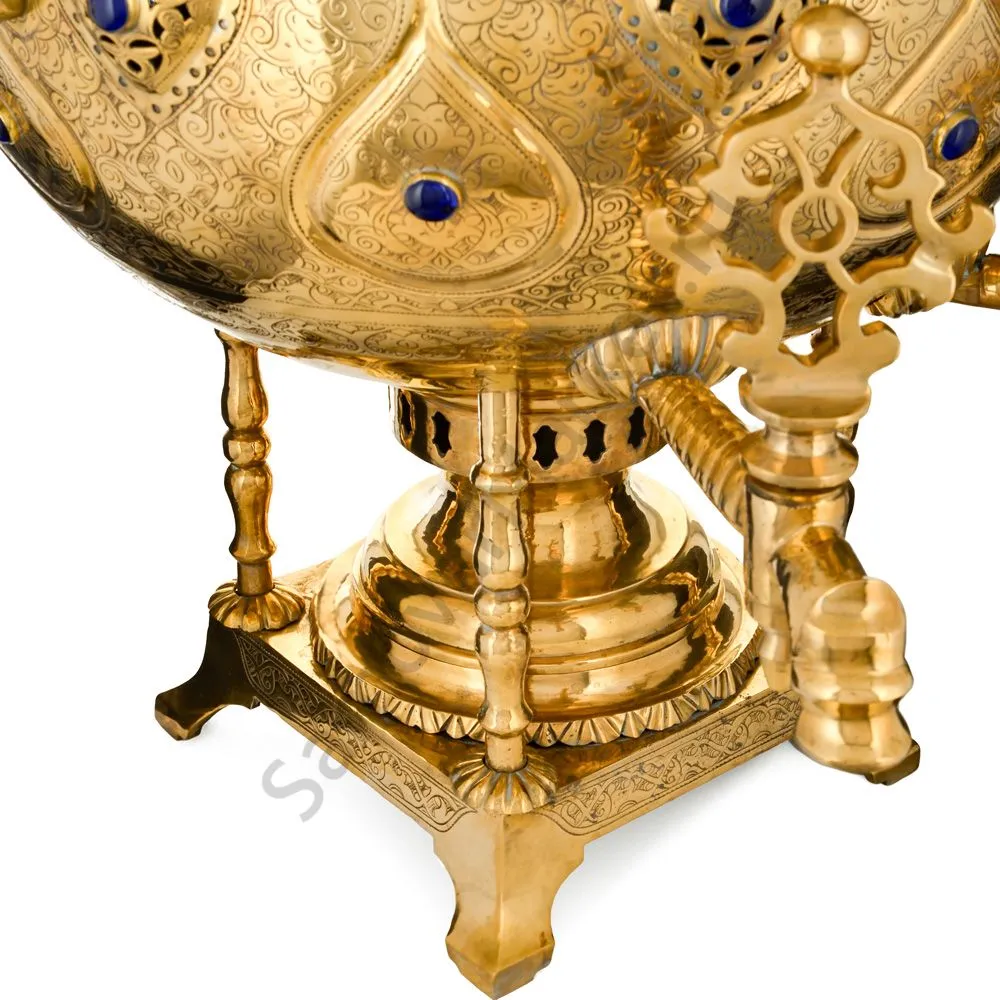 Самовар буфетный на дровах 60 л. формы«Шар»два крана на скульптурных стойках, инкрустация«Лазуритом» Самовар буфетный на дровах 60 л. формы«Шар»два крана на скульптурных стойках, инкрустация«Лазуритом»