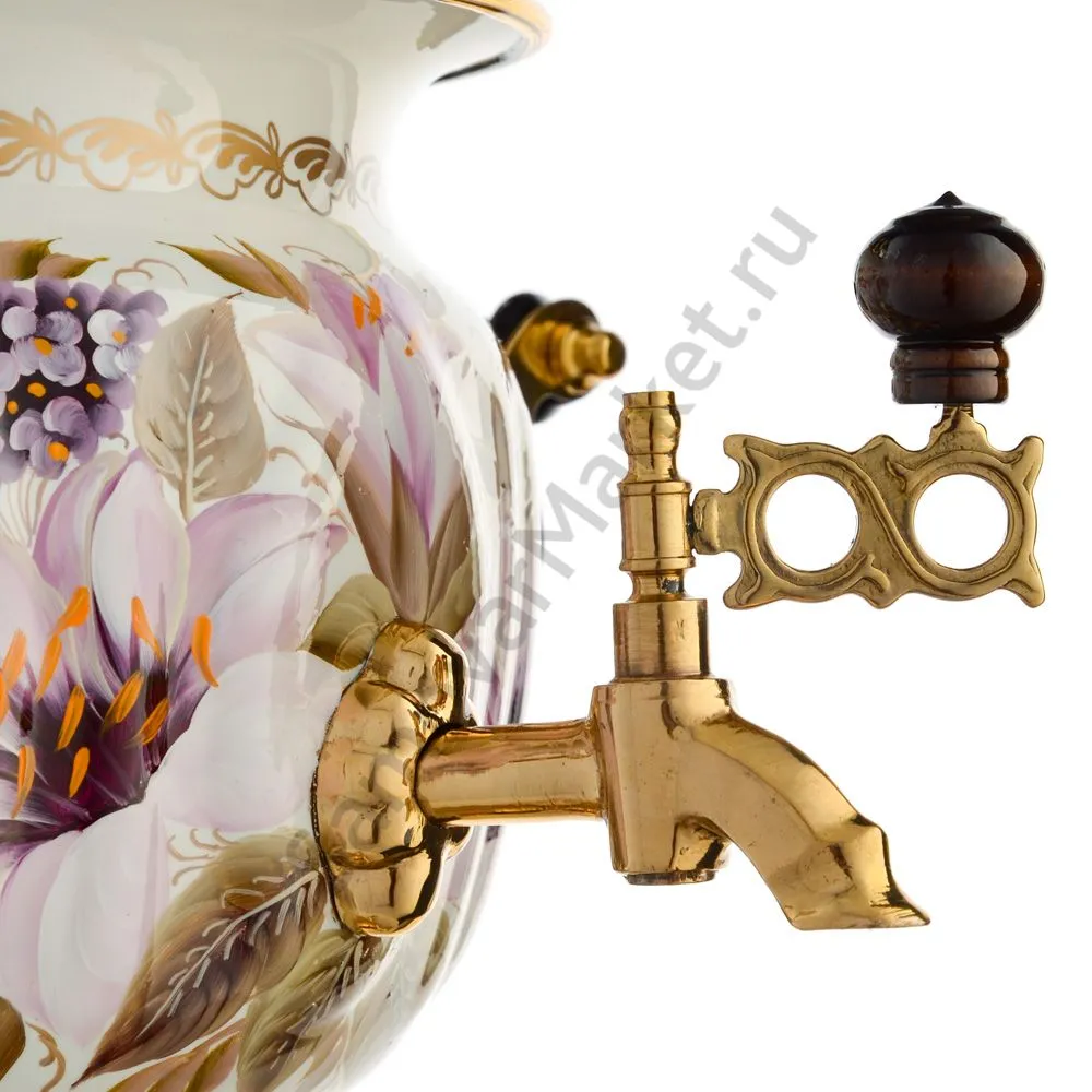 Самовар электрический 3 литра с художественной росписью «Лилии на белом в золоте» формы «Овал»  Самовар электрический 3 литра с художественной росписью «Лилии на белом в золоте» формы «Овал»