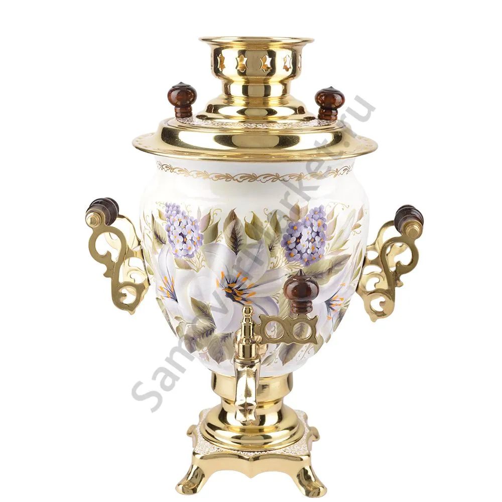 Самовар электрический 3 литра с художественной росписью «Лилии на белом в золоте» формы «Жёлудь» Самовар электрический 3 литра с художественной росписью «Лилии на белом в золоте» формы «Жёлудь»