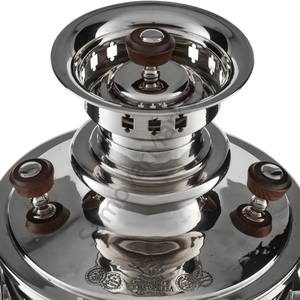 Самовар антикварный на дровах 6,5 литров формы «Банка» Н.И. Баташева с медалями, серебристый Самовар антикварный на дровах 6,5 литров формы «Банка» Н.И. Баташева с медалями, серебристый