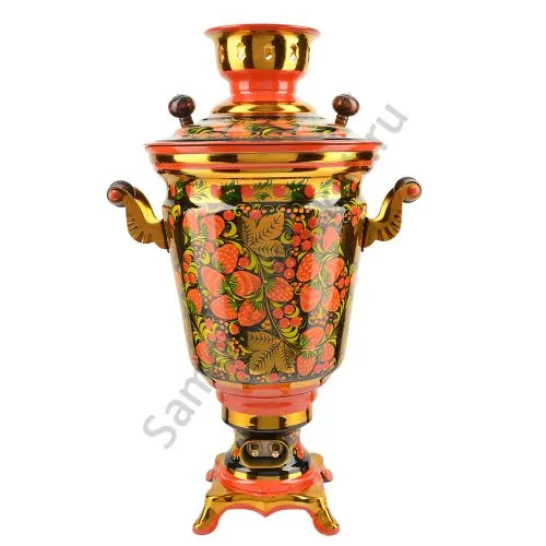 Самовар электрический 4 литра с художественной росписью «Клубника в зелени №2» формы «Рюмка»