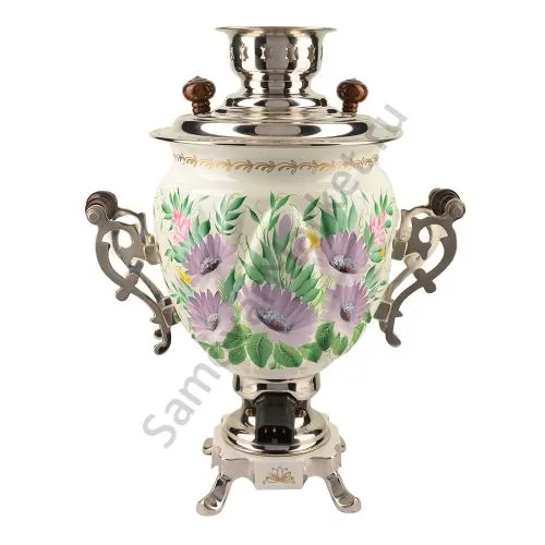 Самовар электрический 3 литра с художественной росписью «Герберы на белом» формы «Жёлудь»