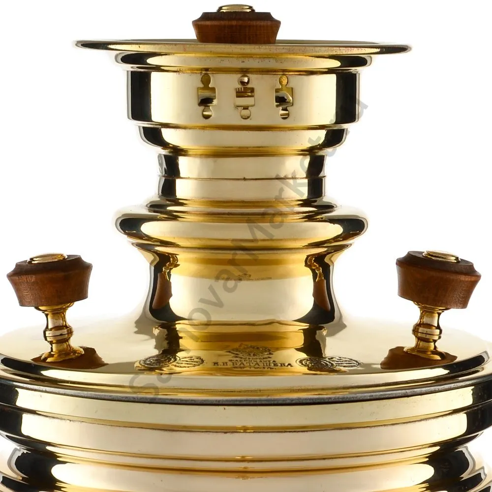 Самовар антикварный на дровах 6,5 литров формы «Банка» Н.И. Баташевах с медалями, золотистый Самовар антикварный на дровах 6,5 литров формы «Банка» Н.И. Баташевах с медалями, золотистый